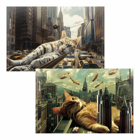 Папка-конверт с кнопкой ERICH KRAUSE "Big City Cats", A4, до 120 листов, непрозрачная, ассорти, 0,16 мм, 63511