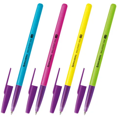 Ручка шариковая BRAUBERG "Офисная" NEON COLOR, СИНЯЯ, корпус ассорти, пишущий узел 1 мм, линия письма 0,5 мм, 144200