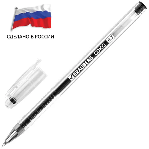 Ручка гелевая РОССИЯ "СОЮЗ", ЧЕРНАЯ, корпус прозрачный, 0,7 мм, линия письма 0,35 мм, BRAUBERG, 143963