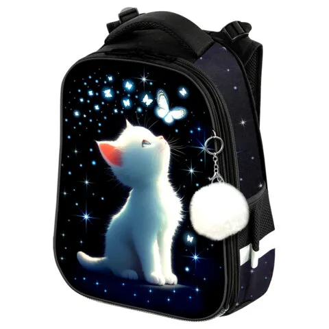 Ранец BRAUBERG PREMIUM, 2 отделения, с брелком, "White kitten", СВЕТЯЩИЙСЯ, 38х29х16 см, 274392