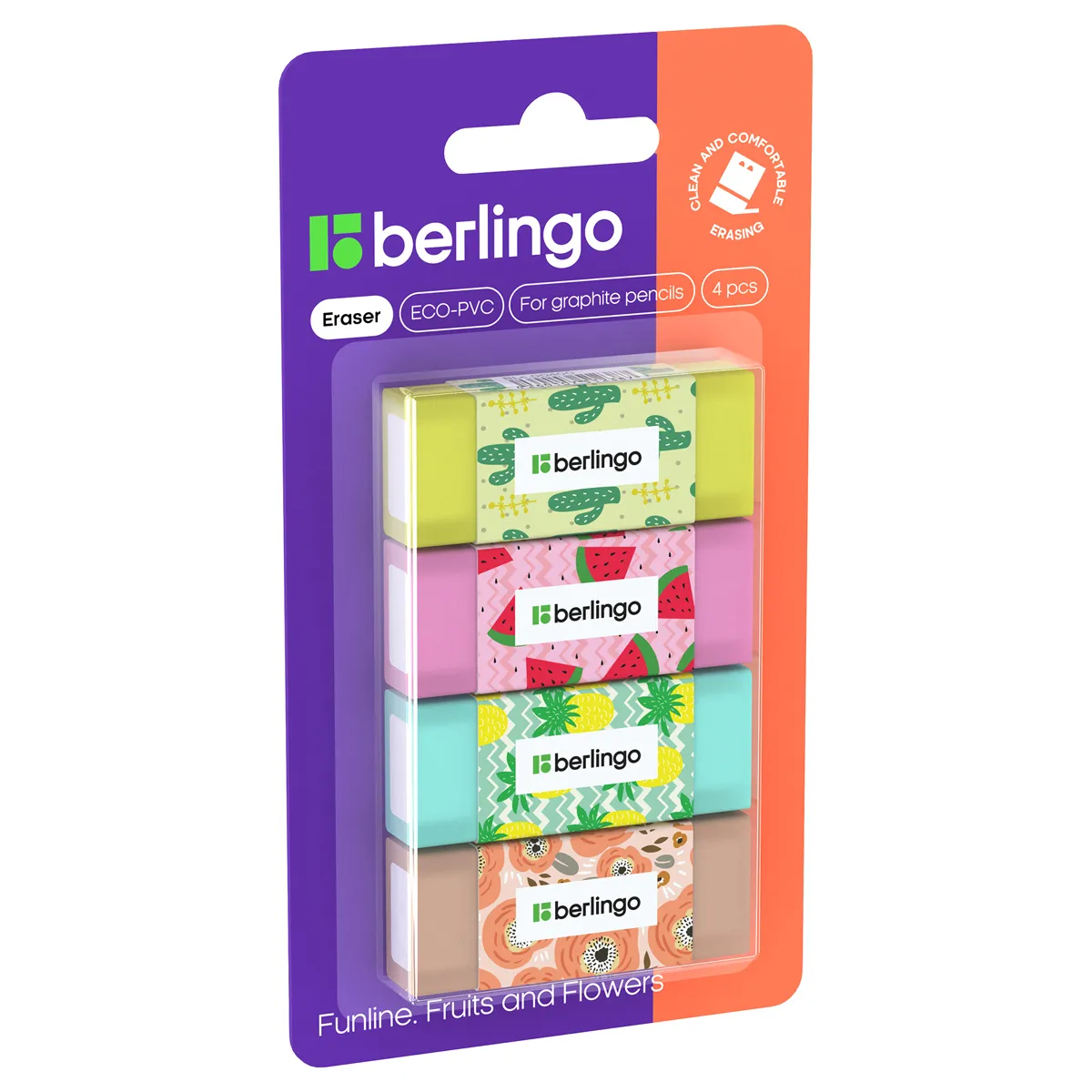 Ластик Berlingo "Funline. Fruits and Flowers", 4шт., прямоугольные, 50*20*11мм, блистер