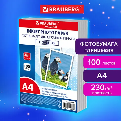 Фотобумага глянцевая, А4, 230 г/м2, односторонняя, 100 листов, ПАКЕТ, BRAUBERG ORIGINAL 364421
