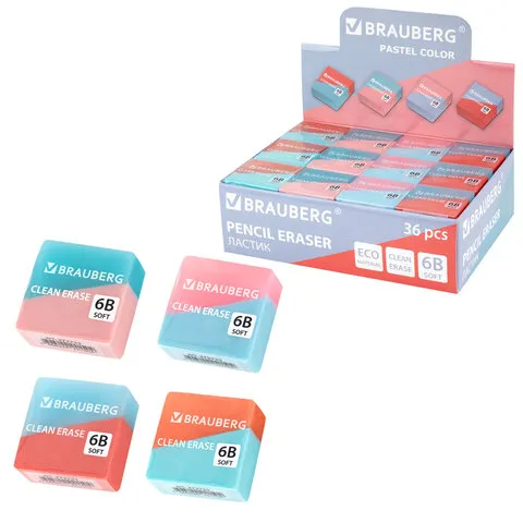 Ластик BRAUBERG "PASTEL COLOR DUO", 34х34х14 мм, квадратный, экологичный ПВХ, ассорти, 272733