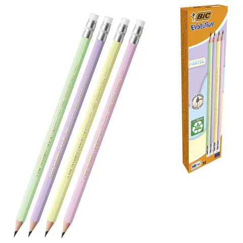 Карандаш чернографитный BIC, 1 шт., "Evolution Pastel", HB, с ластиком, корпус ассорти, 518306