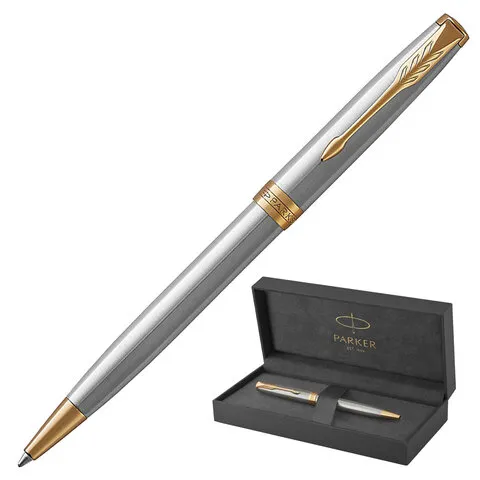 Ручка шариковая PARKER "Sonnet Core Stainless Steel GT", серебристый корпус, позолоченные детали, черная, 1931507