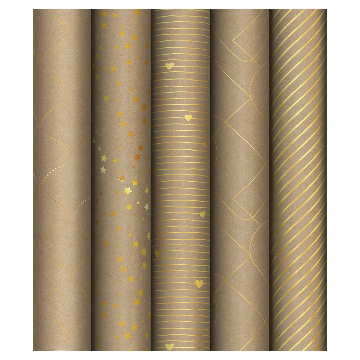 Упаковочная бумага крафт 70*100см, MESHU "Golden Pattern", 80г/м2, отд. фольгой, ассорти 5 дизайнов