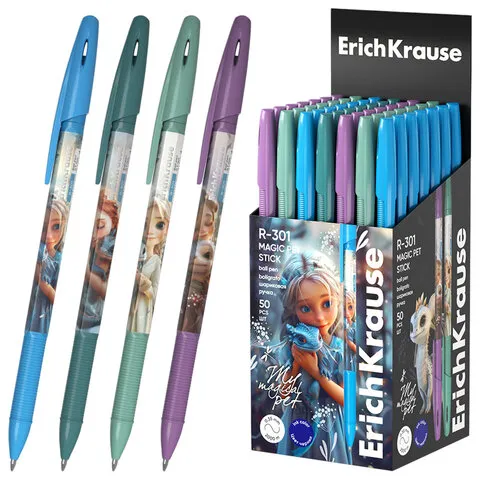 Ручка шариковая ERICH KRAUSE R-301 Stick "Magic Pet", СИНЯЯ, корпус ассорти, линия 0,35 мм, 63071