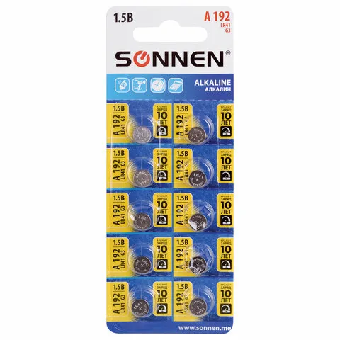 Батарейка алкалиновая "таблетка" 1шт SONNEN Alkaline 192A (G3, LR41) блистер, отрывной блок, 455603