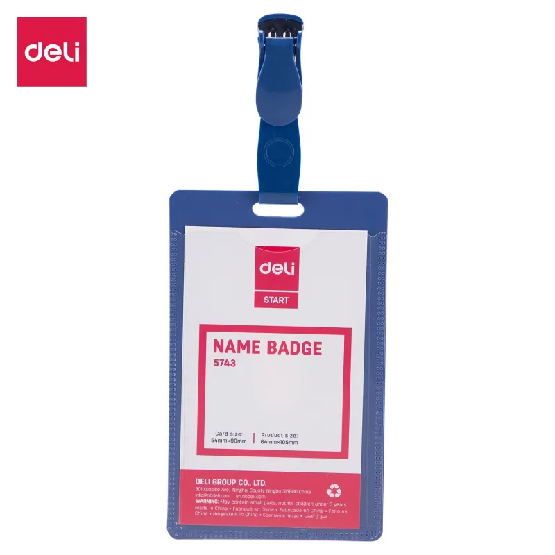 Бейдж Deli E5743 54х90мм вертик. зажим вращающийся PP синий (упак.:50шт)