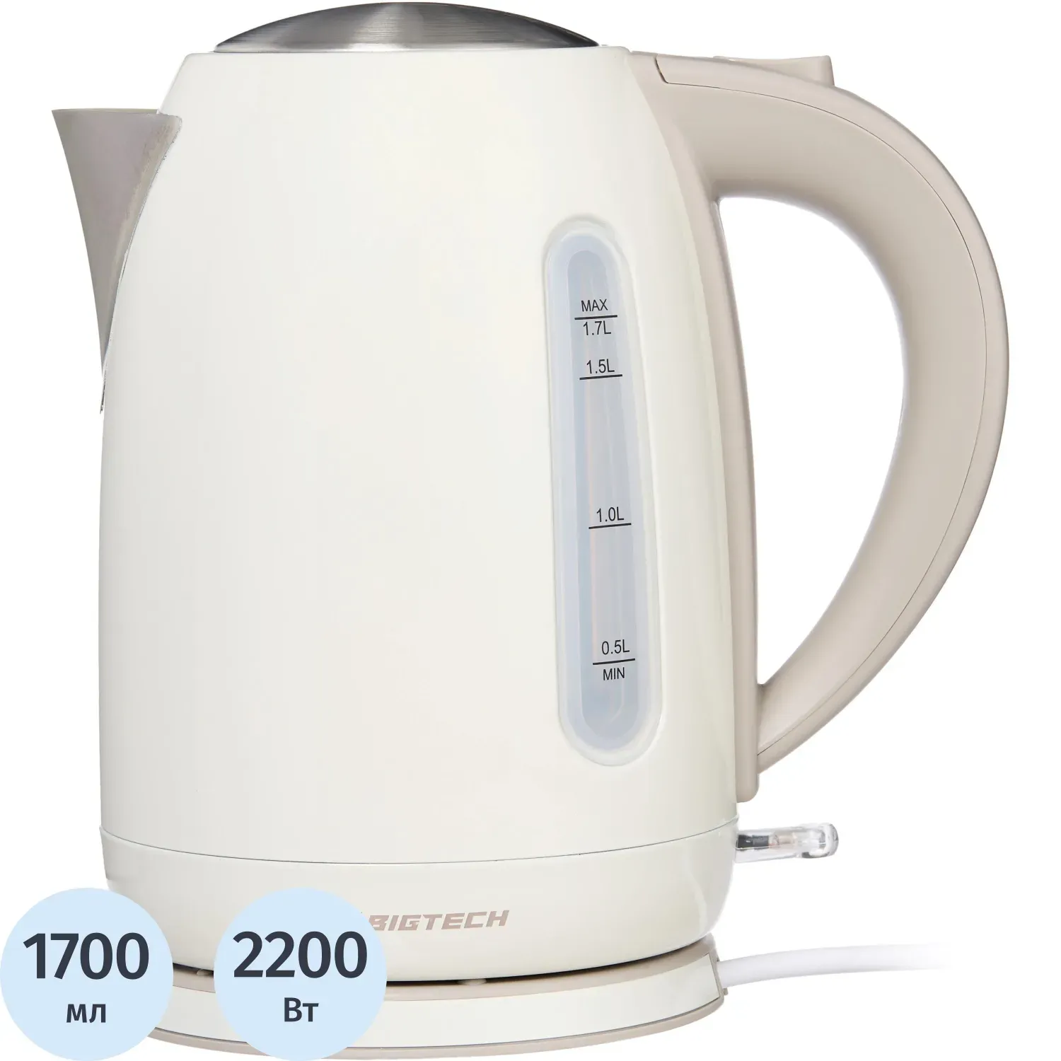Чайник BigTech FEK216SМE, 1,7л, 2200 Strix, металл, беж