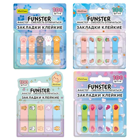 Закладки клейкие Z-сложения FUNSTER (ФАНСТЕР) "Ассорти", 45х12 мм, 100 шт., (5 цветов х 20 листов), в диспенсере, 116706