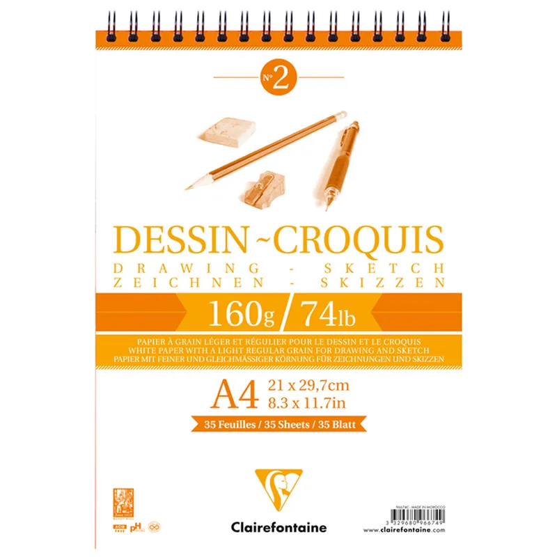 Скетчбук 35л., А4 Clairefontaine "Dessin croquis", на гребне, 160г/м2