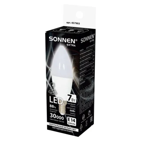Лампа светодиодная SONNEN EXTRA, 7 (60) Вт, Е14, свеча, нейтральный белый, 30000 ч, LED C37-7W-4000-Е14, 457903