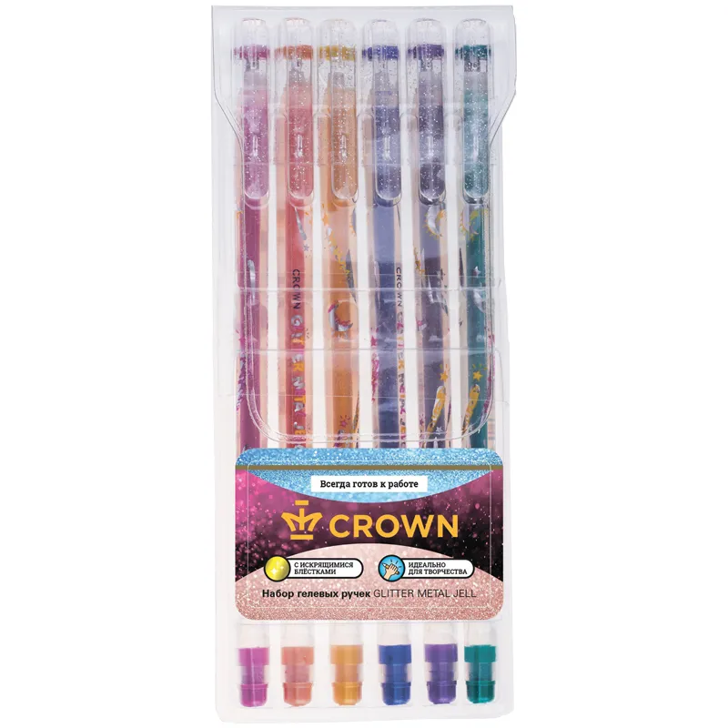 Набор гелевых ручек Crown "Glitter Metal Jell" 6шт., 06цв., 1,0мм, с блестками, ПВХ уп., европодвес