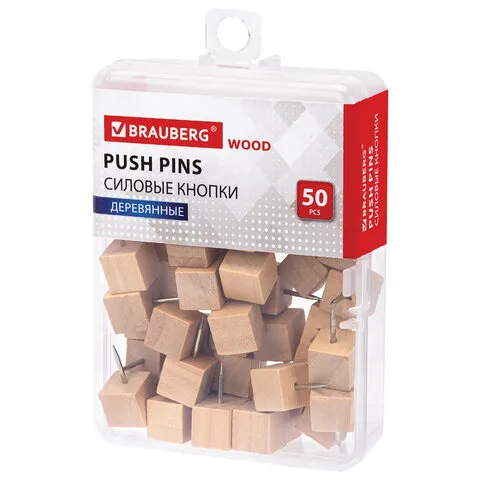 Силовые кнопки-гвоздики BRAUBERG WOOD, деревянные (кубики), 50 штук, 10 мм, 272762
