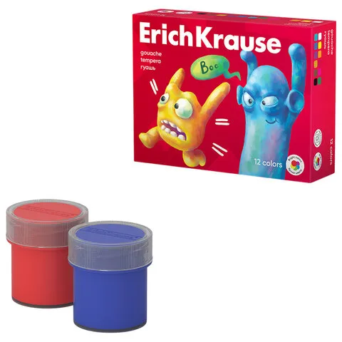 Гуашь ERICH KRAUSE "Jolly friends" 12 цветов по 20 мл, картонная упаковка, 61415