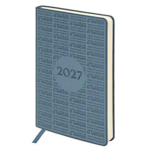 Ежедневник датированный 2027, А5, 138х213 мм, BRAUBERG "Aura", под кожу, гибкий, серо-голубой, 117931