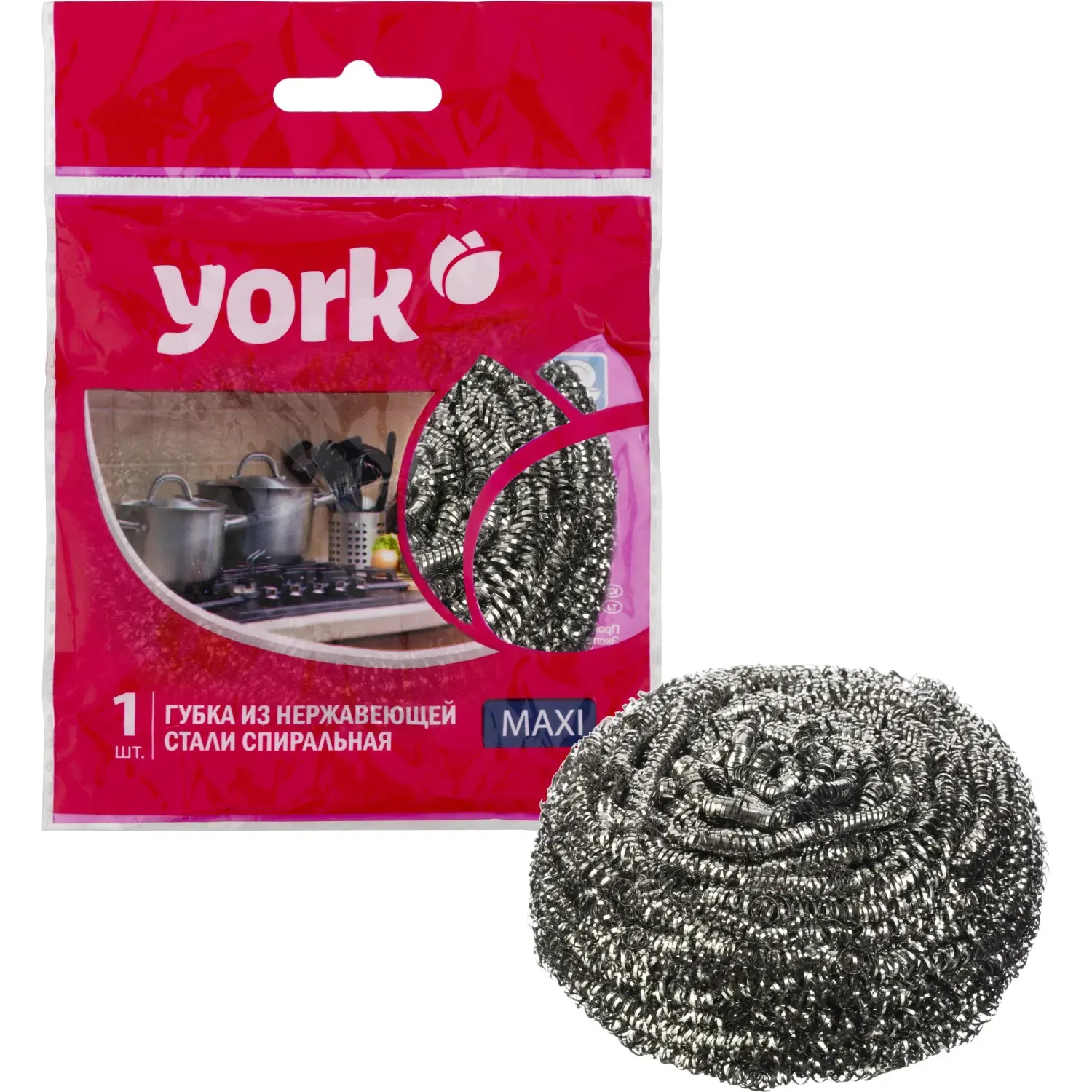 Губка-мочалка для мытья посуды YORK Макси спиральная стальная