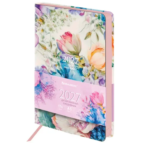 Ежедневник датированный 2027, А5, 138x213 мм, BRAUBERG "Vista", под кожу, гибкий, "Floral Fantasy", 117990