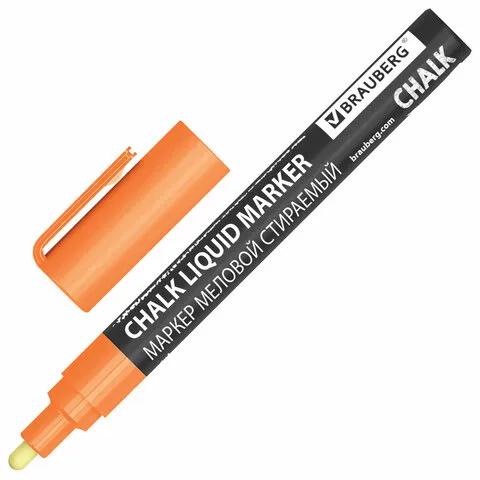 Маркер меловой CHALK LIQUID MARKER, ОРАНЖЕВЫЙ, 3 мм, стираемый, BRAUBERG "CHALK", 152591