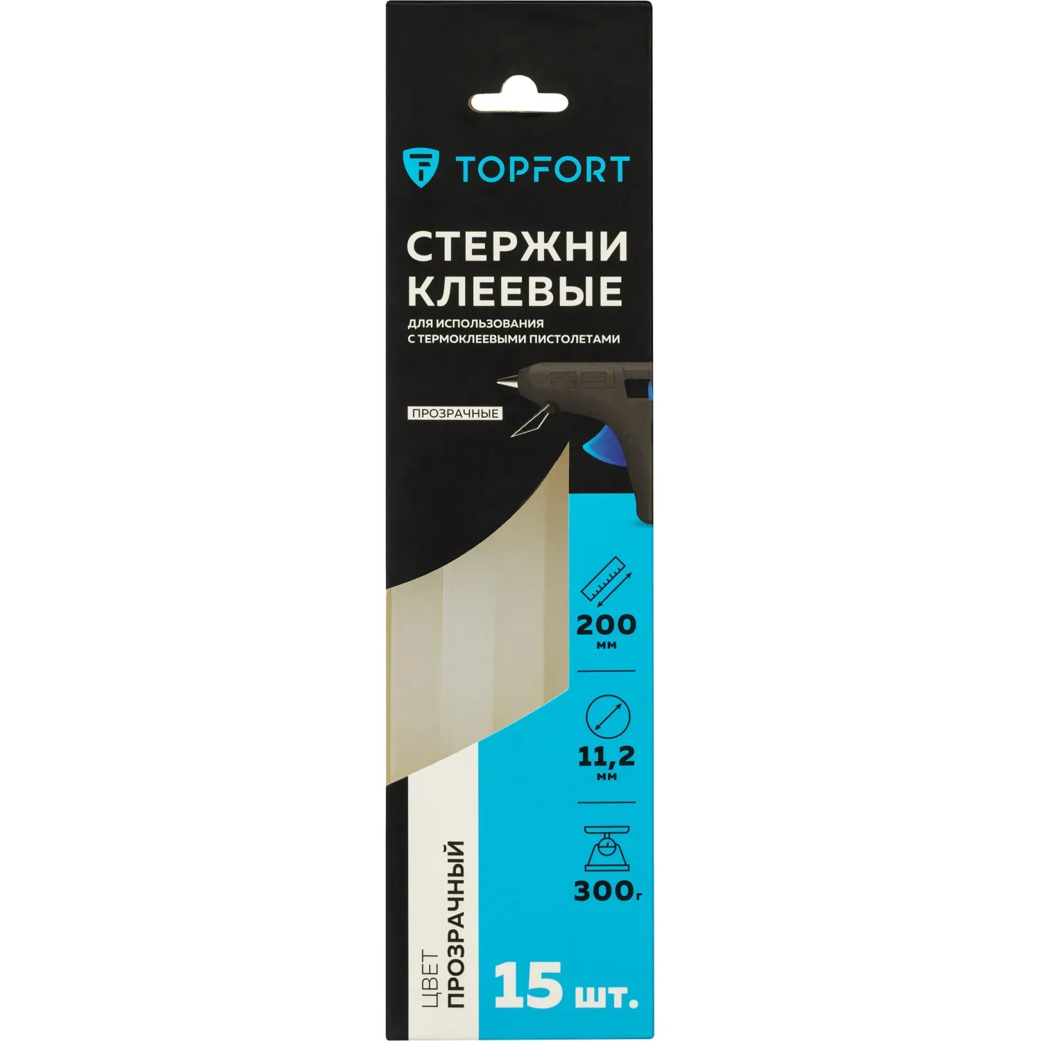 Стержни клеевые прозрачные 11x200, упаковка 15 штук, Topfort