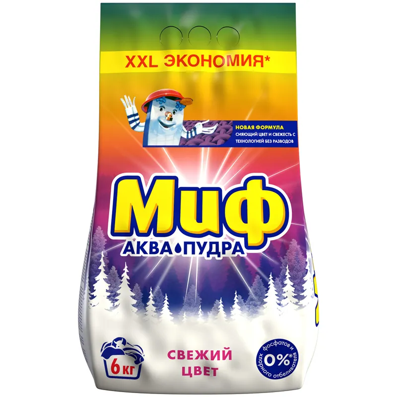 Порошок для машинной стирки Миф 3в1 "Свежий цвет", 6кг