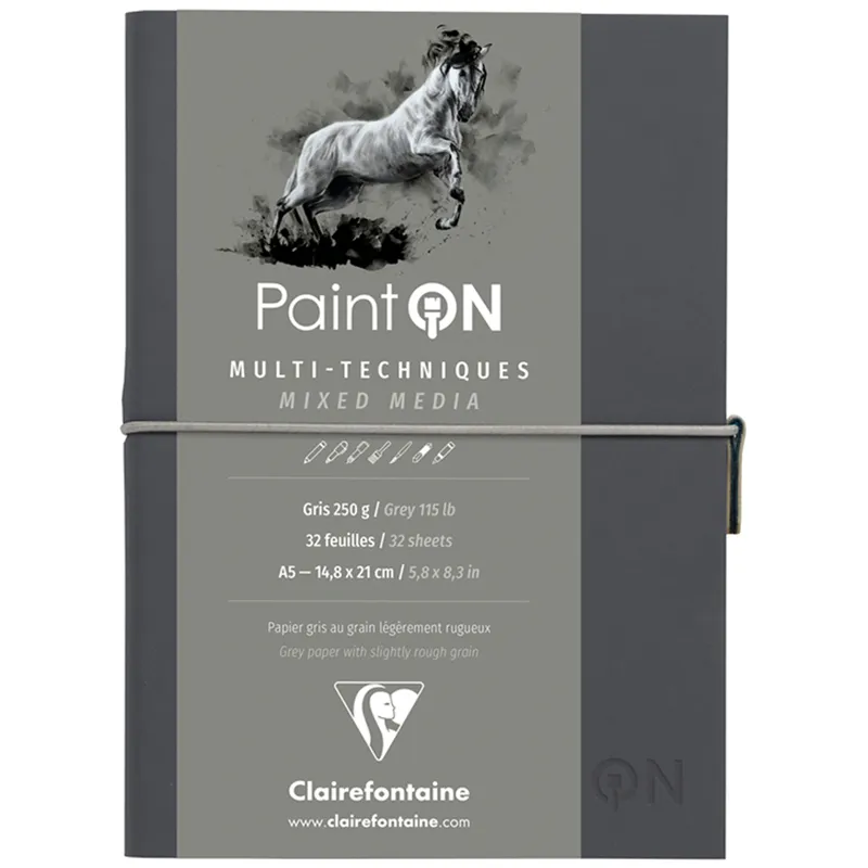 Скетчбук для смешанных техник 32л., А5 Clairefontaine "Paint ON", на сшивке, 250г/м2, легкое зерно, серый, кожзам