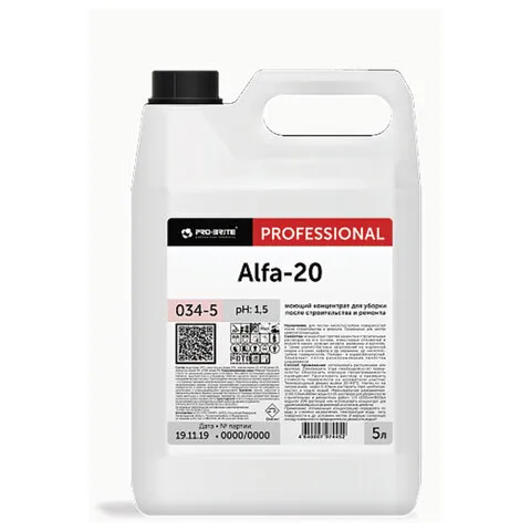 Средство для уборки после строительства моющее, 5 л, PRO-BRITE ALFA-20, кислотное, концентрат, 034-5