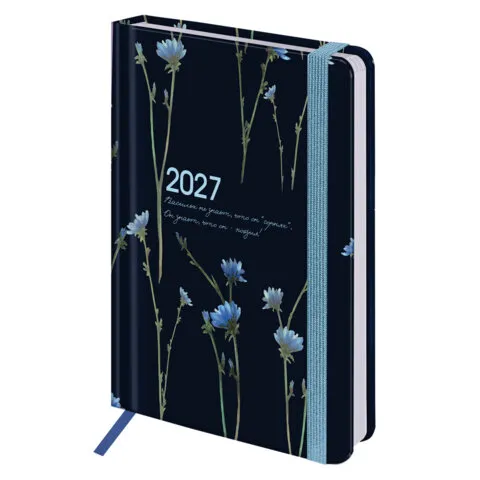 Ежедневник датированный 2027 с резинкой, 145х203 мм, А5, BRAUBERG, твердый, "Васильки", 117835