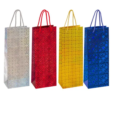 Пакет подарочный для бутылки 13x9x36 см (B), НАБОР 8 шт., 4 дизайна, голография, ЗОЛОТАЯ СКАЗКА, 609735