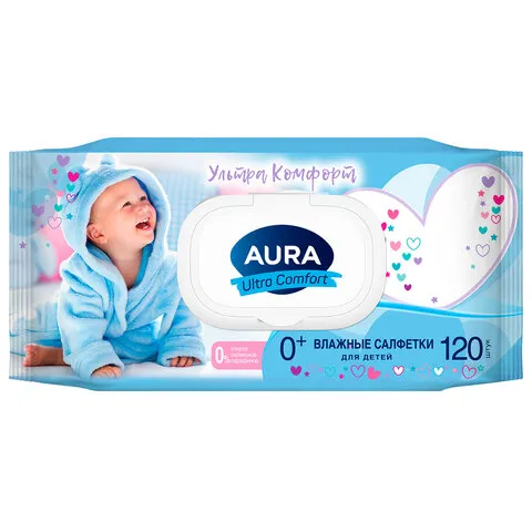Салфетки влажные 120 шт., для детей, AURA "Ultra Comfort" с алоэ и витамином Е, крышка-клапан, 14847