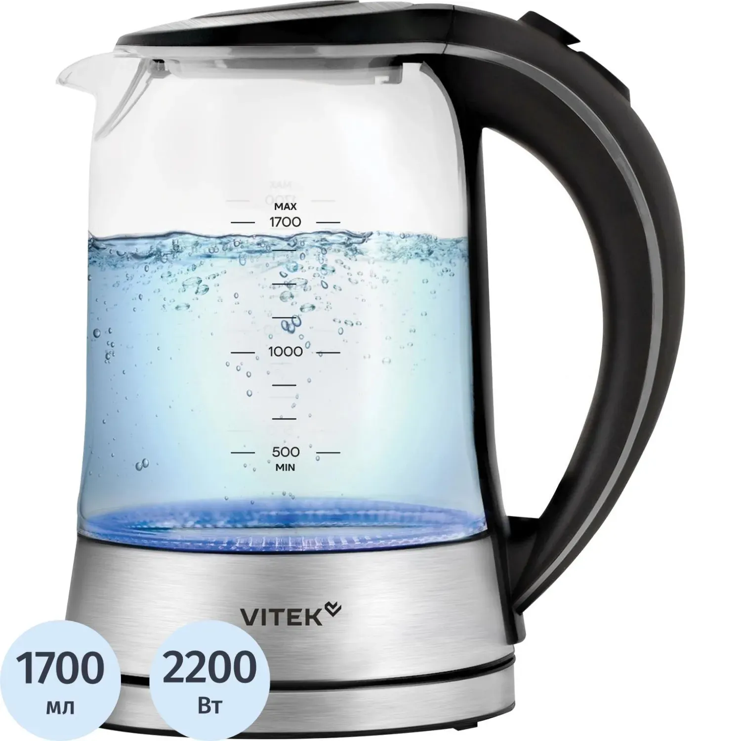 Чайник Vitek VT-WK1009 1.7л. 2200Вт черный/серый корп.:стекло