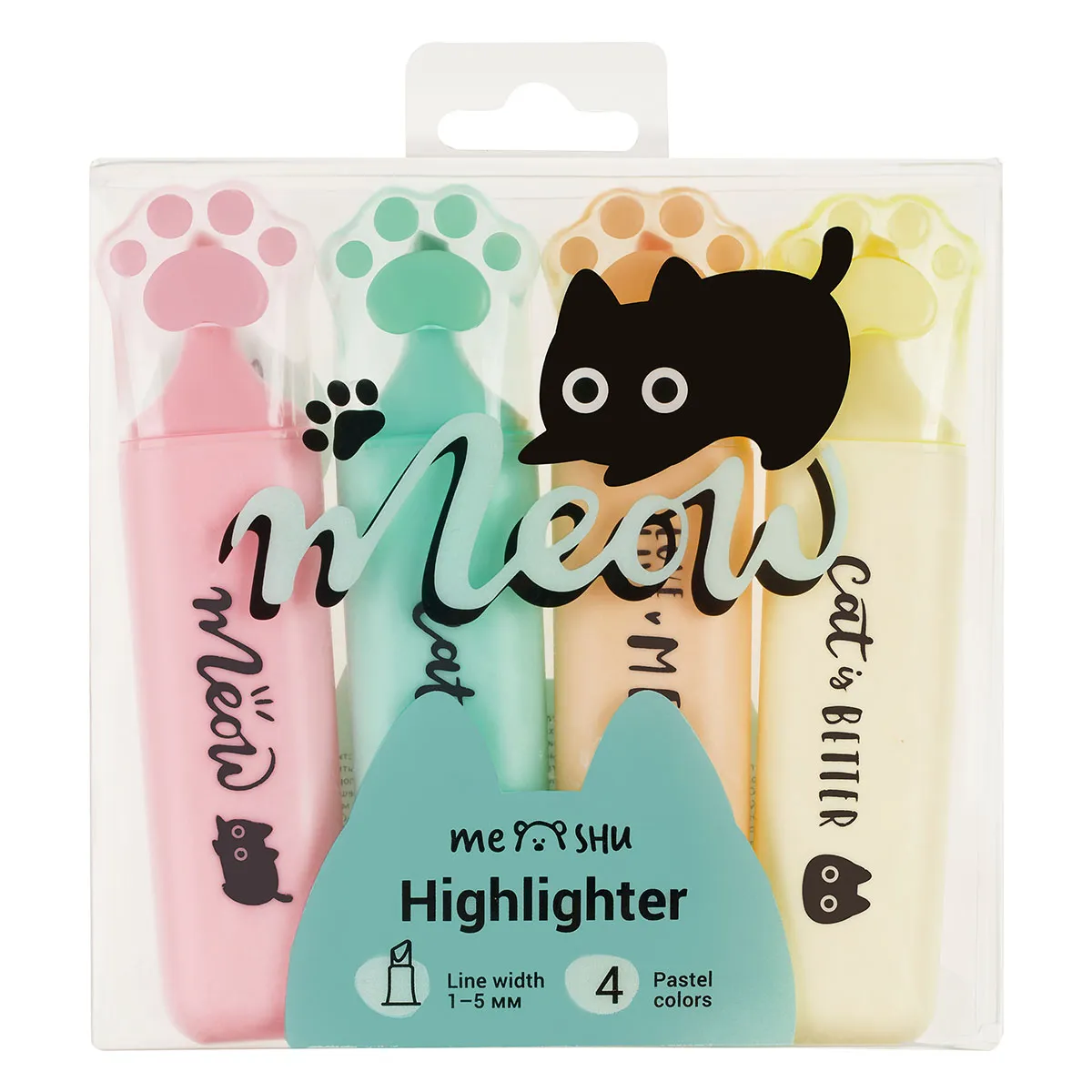 Набор текстовыделителей MESHU "Live, Life, Meow", 04цв., пастельные цвета, 1-5 мм, ПВХ бокс с европодвесом