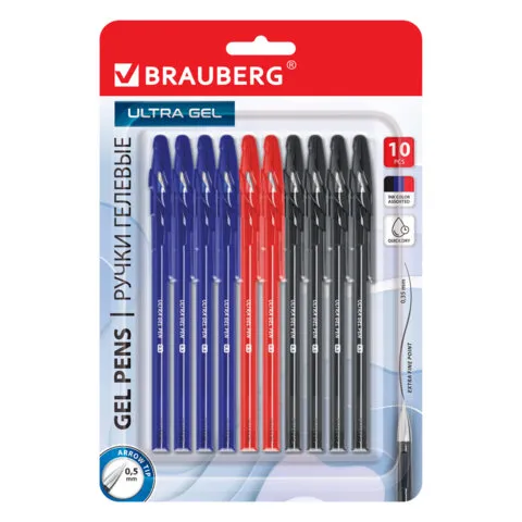 Ручки гелевые BRAUBERG "ULTRA GEL", НАБОР 10 ШТУК (4 ЧЕРНЫХ, 4 СИНИХ, 2 КРАСНЫХ), стандартный наконечник 0,5 мм, линия 0,35 мм, 144270