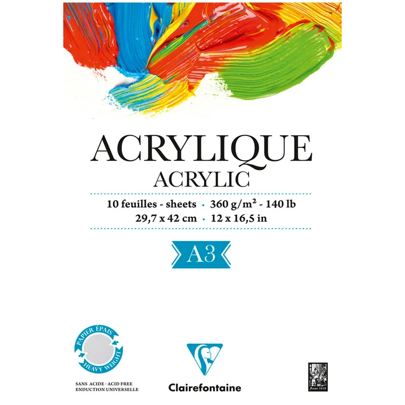 Альбом для акрила, 10л., А3, на склейке Clairefontaine "Acrylic", 360г/м2