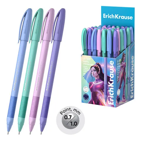 Ручка шариковая с грипом ERICH KRAUSE "U-109 Stick&Grip Pastel", СИНЯЯ, 58111