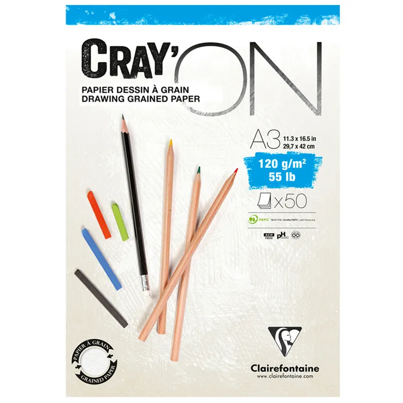 Скетчбук - блокнот 50л., А3 Clairefontaine "Cray ON", на склейке, 120г/м2, мелкозерн.