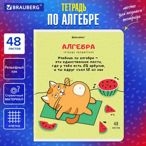 Тетрадь предметная "КОТ-ЭНТУЗИАСТ" 48л, TWIN лак, АЛГЕБРА, клетка, BRAUBERG, 404556