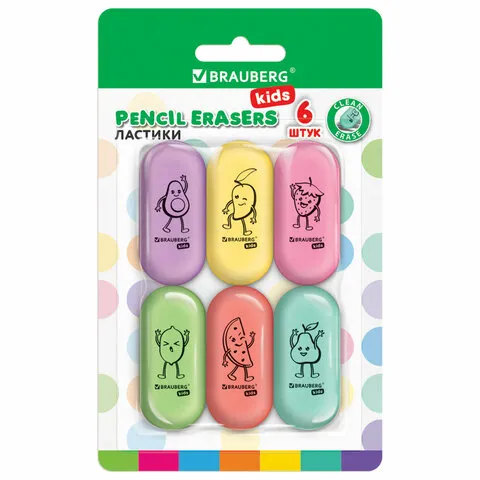 Ластики BRAUBERG KIDS "Fruits", НАБОР 6 штук, 50х23х10 мм, овальные, ассорти, 272669
