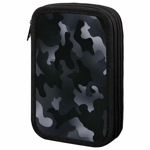 Пенал ПИФАГОР, 3 отделения, ламинированный картон, 19х11 см, "Black camo", 273489