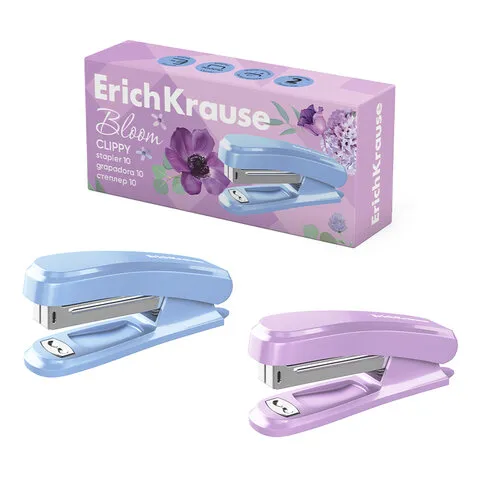 Степлер №10 ERICH KRAUSE "Clippy Pastel Bloom", до 15 листов, ассорти, 61740