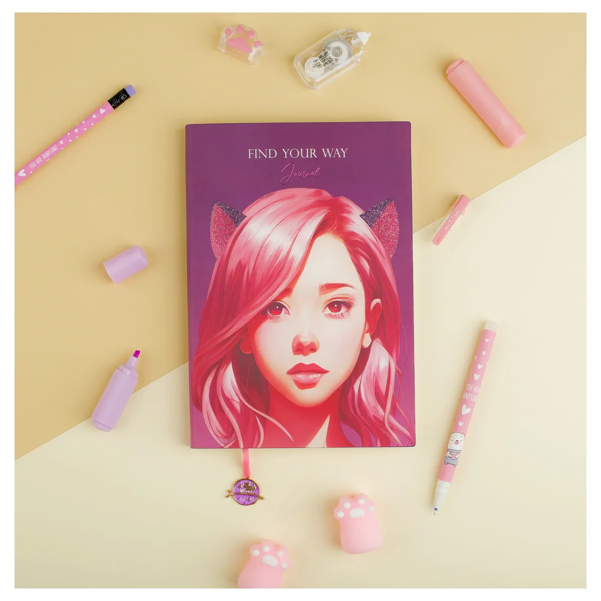 Ежедневник недатированный A5, 136л., кожзам, MESHU "Find your way. Pink", тон. блок, закладка-ляссе с подвеской