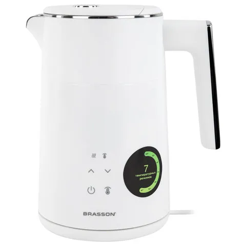 Чайник с двойными стенками, терморегулятором и дисплеем BRASSON (БРАССОН) KT-264, 1,5 л, 2200 Вт, 7 температурных режимов, белый, 455193
