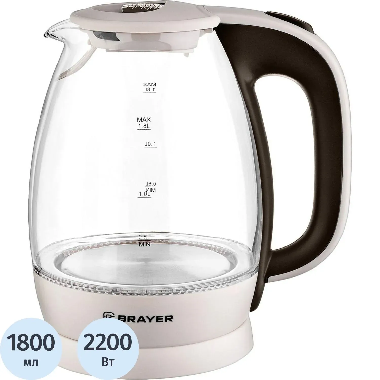Чайник электрический BRAYER BR1045BN, 2200 Вт, 1,8 л, высококач. Стекло