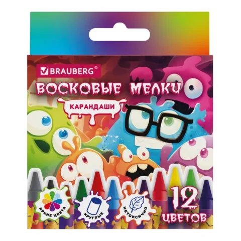 Восковые мелки BRAUBERG "МОНСТРИКИ", 12 цветов, 273238