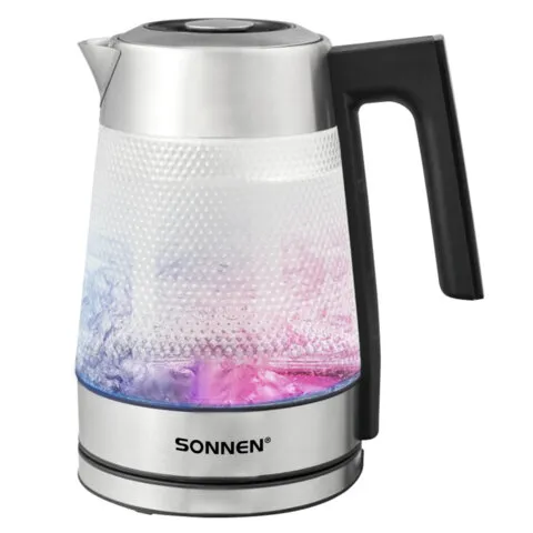 Чайник электрический с терморегулятором SONNEN KT-1809D, 1,8 л, 2200 Вт, 5 цветов подсветки, 5 температур, стекло текстура ромб, 455141