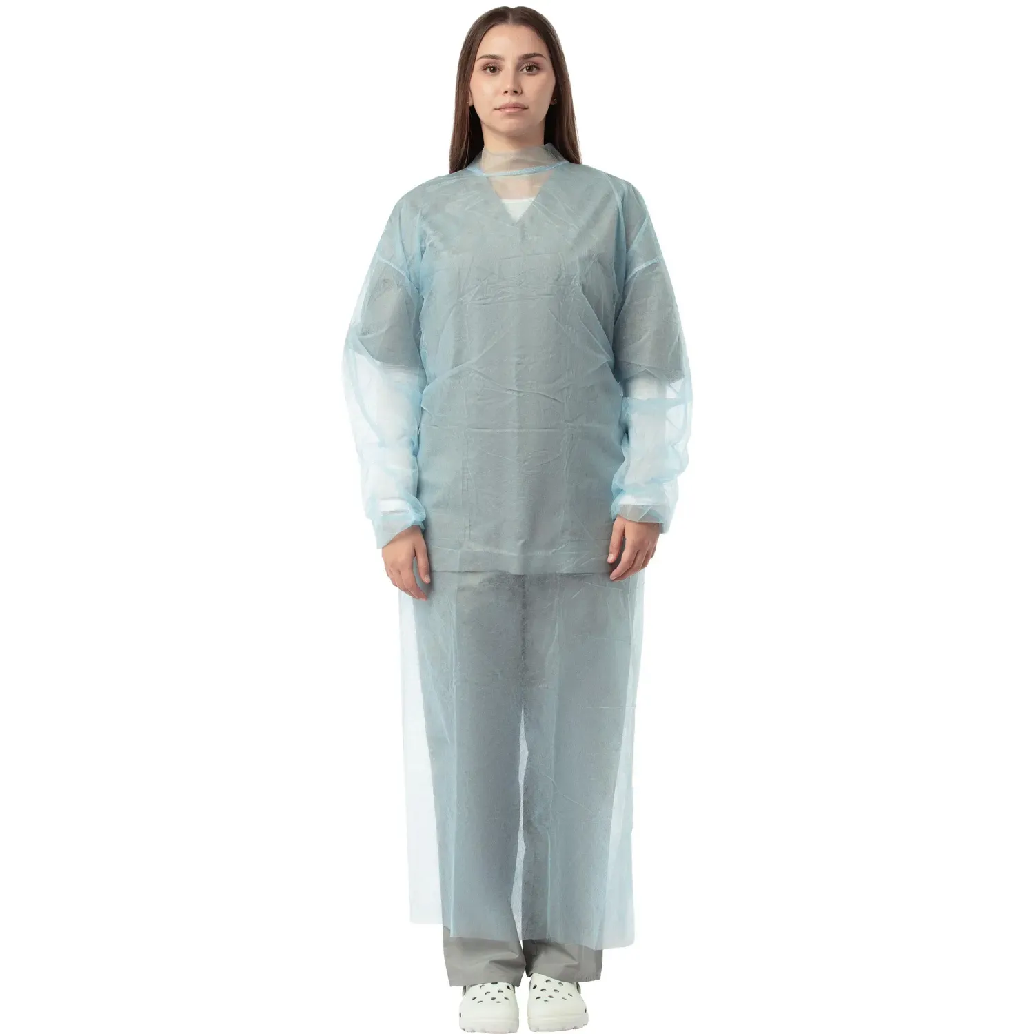Халат н/с , на завязк, рук.рез, дл.110см, XL, пл 20, голуб, 10 шт/уп