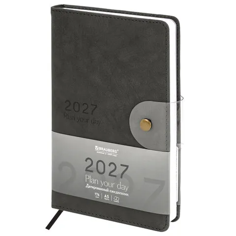 Ежедневник датированный 2027, А5, 138х213 мм, BRAUBERG "Solana", под кожу, кнопка, черный, 118218