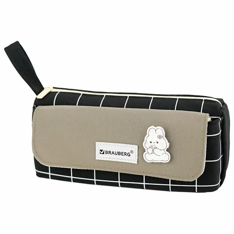Пенал мягкий BRAUBERG, 1 отделение, карман на липучке, значок, 22х10х6 см, "Black checkered", 273579