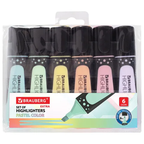 Набор текстовыделителей BRAUBERG 6 шт., АССОРТИ, "SUPER PASTEL", прорезиненный корпус, линия 1-5 мм, 151757